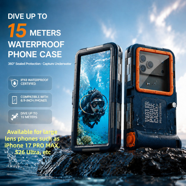 15M professionelle wasserdichte Tauchhülle in Schwarz für iPhone 17 Pro Max und S26 ULTRA zum Tauchen, Schwimmen und Fotografieren - Bild 1