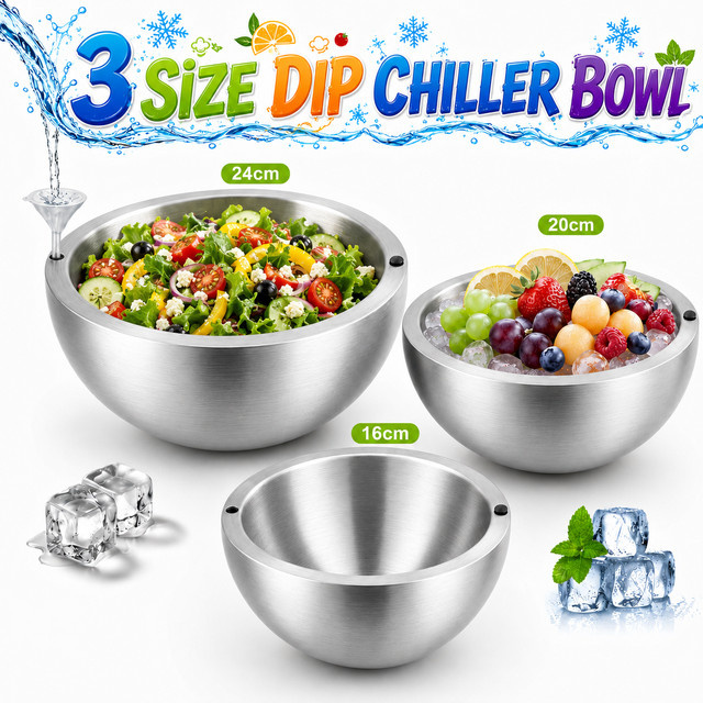 Isolierte Edelstahl Dip-Chiller Schüssel von PGY in Silber, doppelwandige Eis-Kühl-Servierschüssel für Obstsalat und Dips, Durchmesser: 16 cm - Bild 1