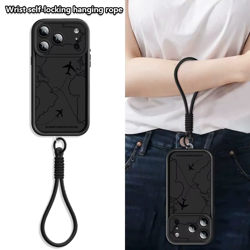 Handyhülle mit Flugrouten-Muster und Lanyard für Apple iPhone 11 bis iPhone 18 Pro Max, weiche TPU-Hülle mit Handgelenkschlaufe in Pink oder Black - Bild 3