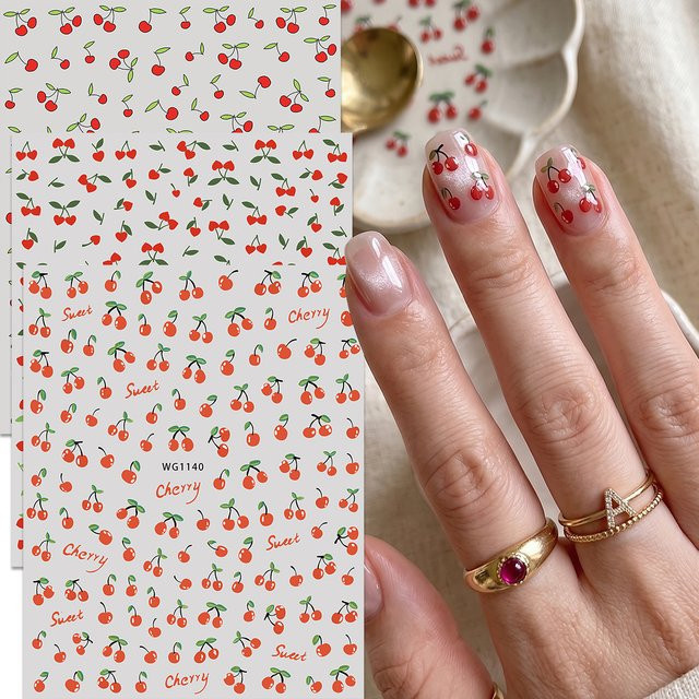 QIANJIKU Nagelsticker, rote Kirsche, 3er-Set - Bild 1