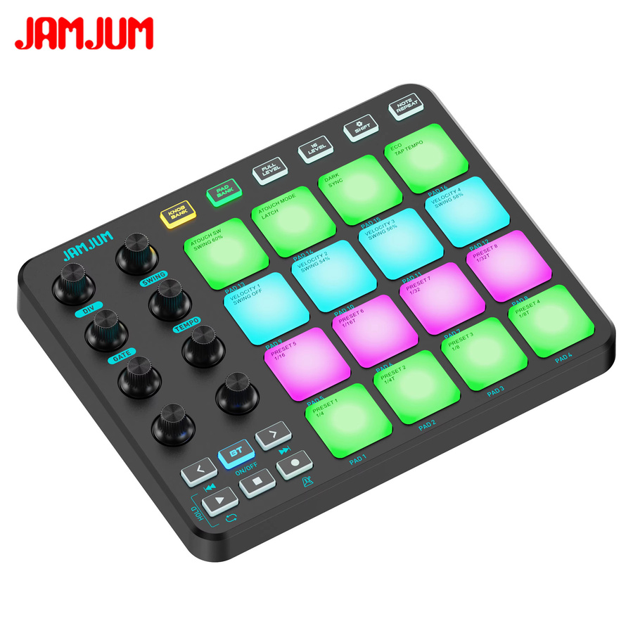 JAMJUM Kabelloser MIDI-Controller mit 16 RGB-Hintergrundbeleuchteten LEDs und USB-C-Schnittstelle in Schwarz - Bild 1