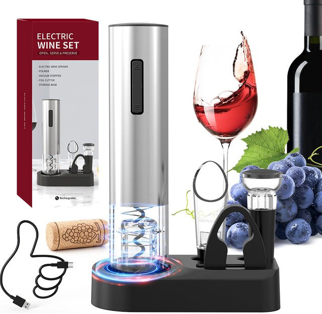 FLYMUYU Elektrisches Weinöffner-Set aus Edelstahl in Silber mit Ständer, Folienschneider, Ausgießer und Stopper - Bild 1