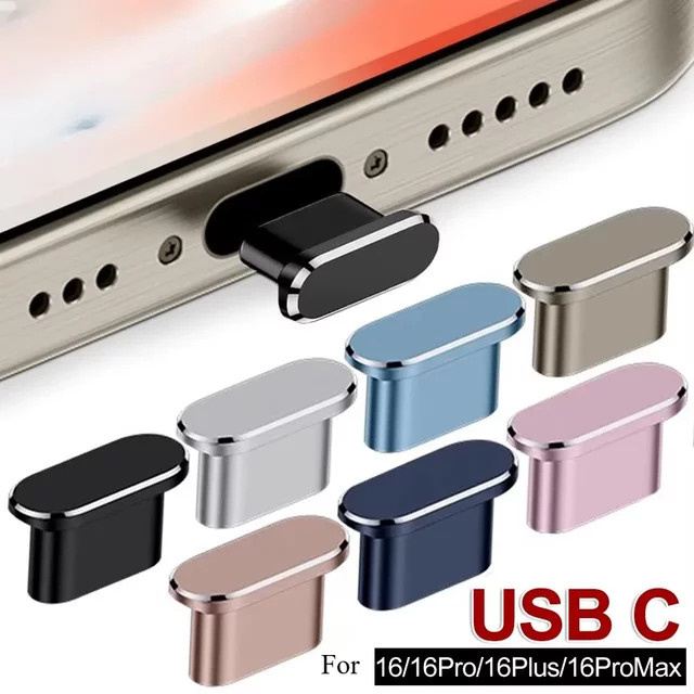 2er-Set Metall Staubschutz für iPhone 17 Pro Max, iPhone 16 Plus und iPhone 15 mit USB-C Ladeanschluss Schutzabdeckkappe und Reinigungsbürste in Schwarz und Silber - Bild 1