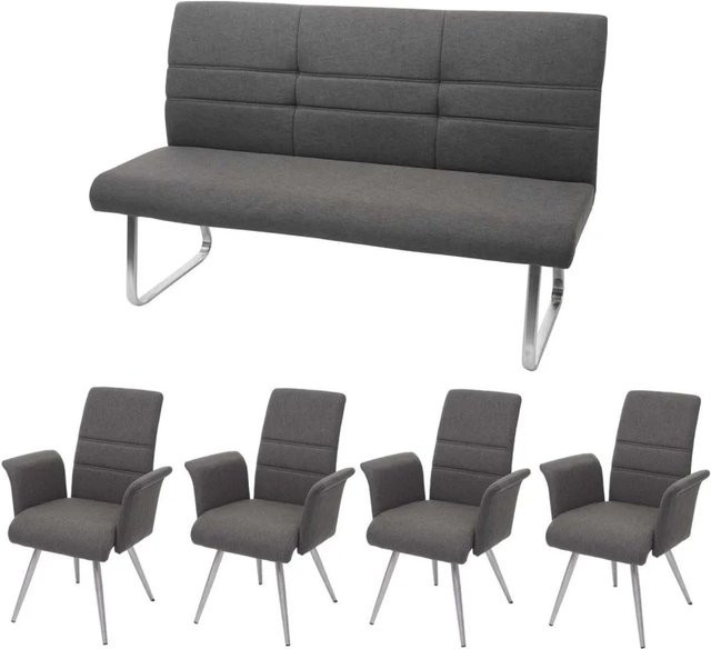 MCW Esszimmer-Set G55 5-teilig mit 4 Esszimmerstühlen mit Armlehnen und einer Sitzbank, Farbe Grau-Braun, Stoff und Edelstahl, Bank Breite: 180 cm - Bild 2
