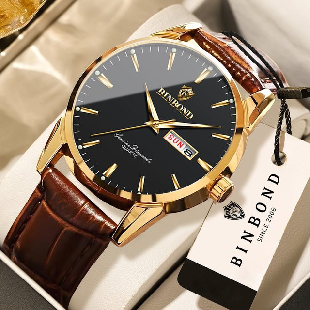 BINBOND Armbanduhr Quarz, Leder, Schwarz, Gold, Herren - Bild 1
