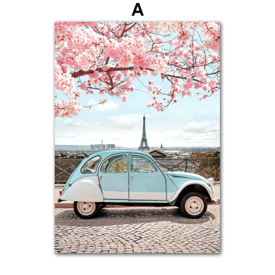 Potdemiel Vintage Wandkunst Leinwandposter Paris City mit Pink Peach Blossom und Blumen in Rechteckform - Bild 2