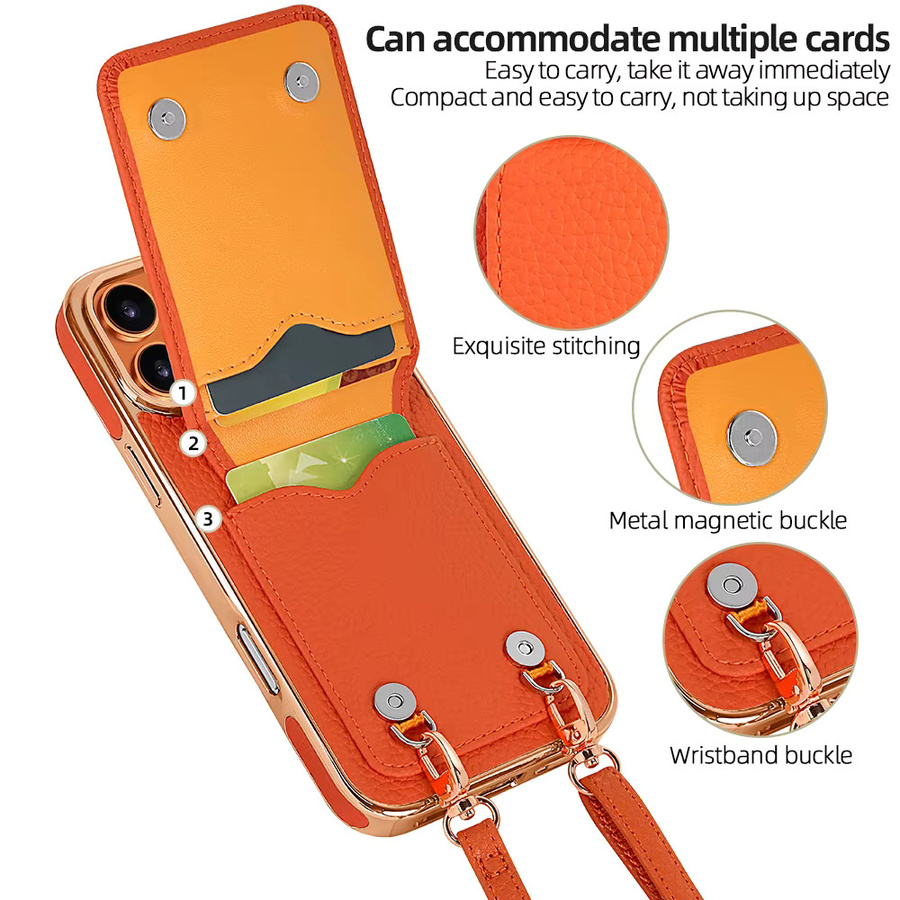 VIETAO Kunstleder-Handyhülle für iPhone 13 bis iPhone 17 Pro Max mit Umhängeband, Kartenhalter und Ständer in Orange - Bild 2