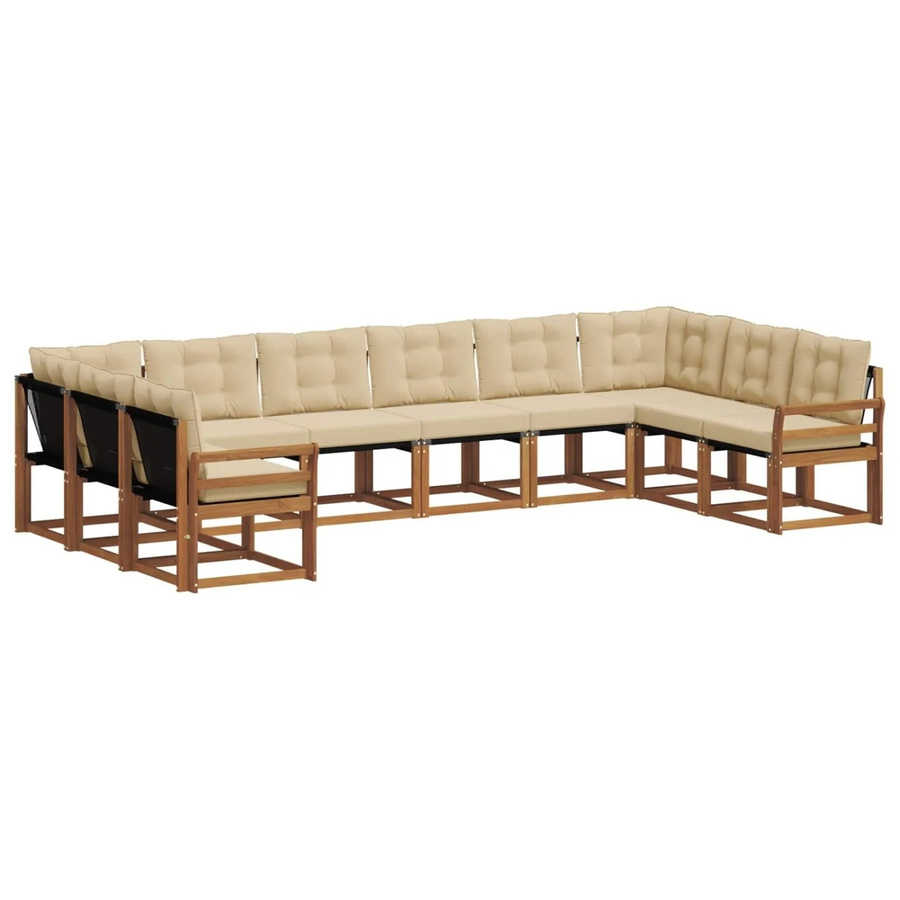 vidaXL Outdoor-Sofagarnitur aus Akazienholz in L-Form, 10-teiliges Set mit Textilene und Kissen, Farbe: Natur und Beige - Bild 2