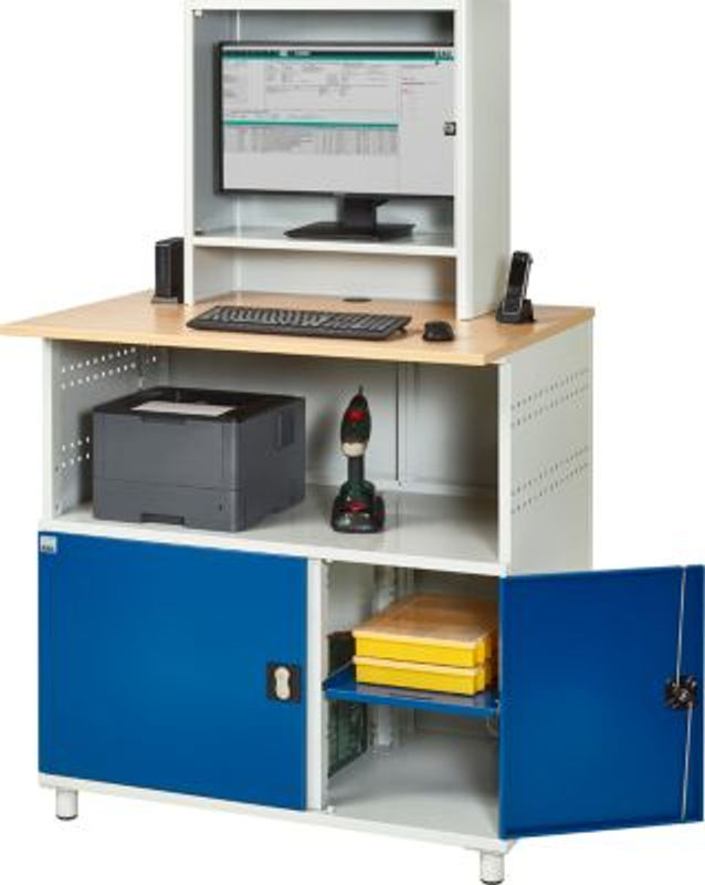 RAU Computer-Station Typ 1023 mit Monitorfach für bis zu 26 Zoll, Arbeitsplatte und Unterschrank, Stahl und Holz, BucheDekor, B: 110 cm, T: 80 cm, H: 181 cm - Bild 2