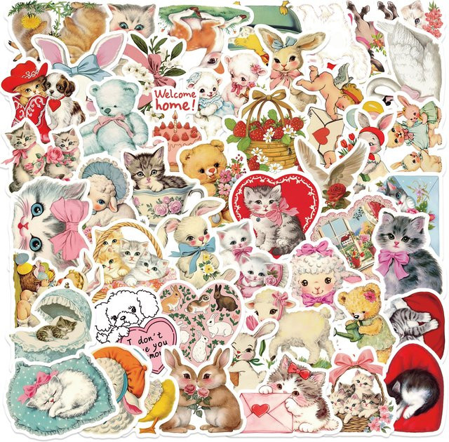 Vintage Tiere Clipart Aufkleber, Katze Kaninchen, 50-teiliges Set, multicolour - Bild 1