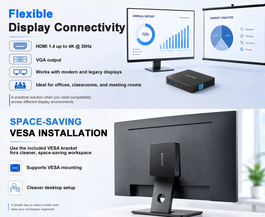 ERVPES Mini-PC B20E Kompakter Desktop mit Intel 6500Y, Windows 11, 8GB RAM, 128GB SSD, WiFi5, Bluetooth 5.0, HDMI, VGA, USB, Schwarz - Bild 4