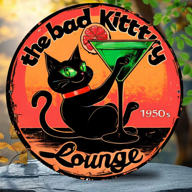 Potdemiel Vintage-Metallwandkunst Runde Bad Kitty's Lounge Wanddekoration mit schwarzer Katze und Cocktail-Design, Durchmesser: 20 cm - Bild 1