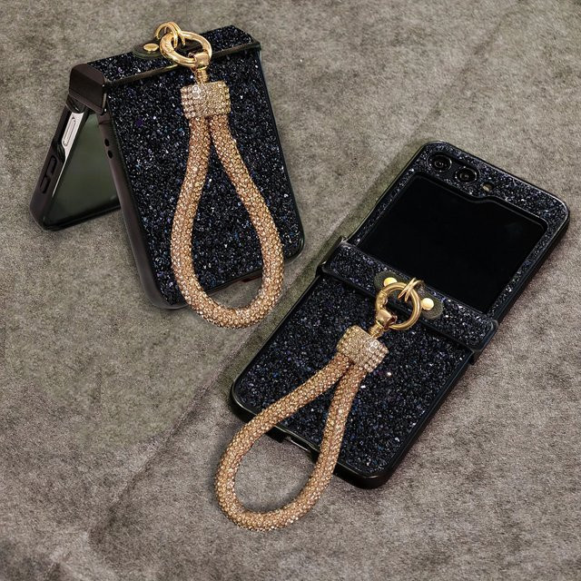 Glänzende Kunstdiamant-Strass-Handyhülle mit Schlüsselband für Samsung Galaxy Z Flip (Modelle: 3, 4, 5, 6, 7, 8, FE) in Schwarz - Bild 1