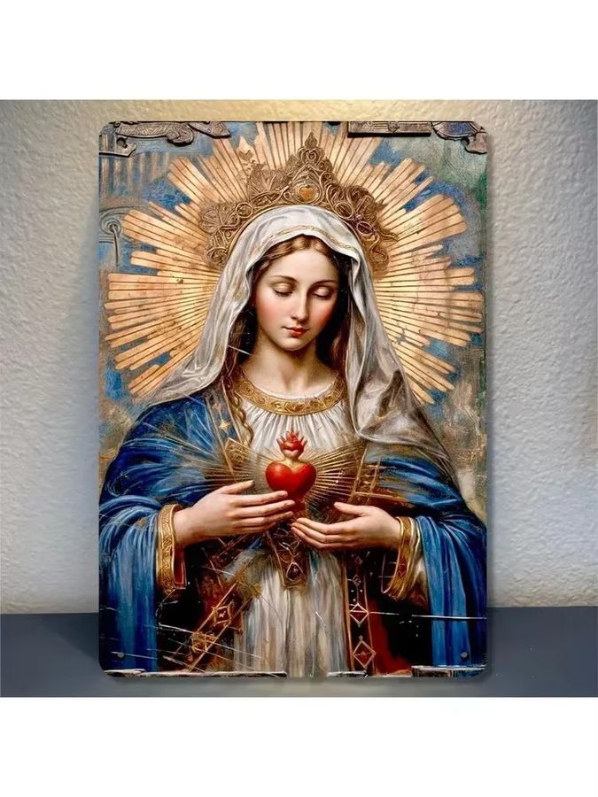 HELLOYOUNG Wanddekoration Jungfrau Maria Heiliges Herz aus Eisenblech, Metallschild B: 30,0 cm, H: 20,0 cm, T: 1,0 cm - Bild 5
