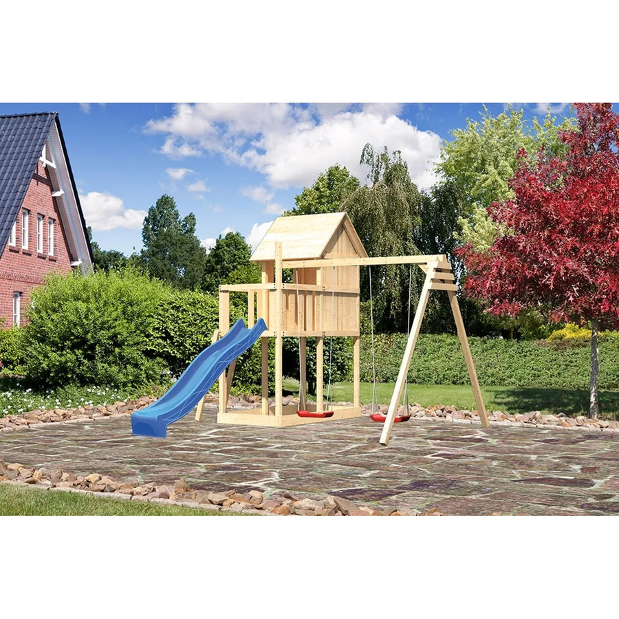 Karibu Kinderspielhaus Frieda Set mit Anbau und Rutsche in Blau und Natur sowie Spielturm in Braun - Bild 2