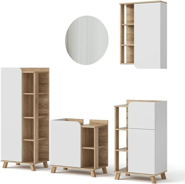 Vicco Badmöbel-Set Karen in Sonoma Weiß, modernes 5-teiliges Badezimmer-Set bestehend aus Waschtischunterschrank, Badspiegel, Midischrank, Unterschrank und Hängeschrank - Bild 2