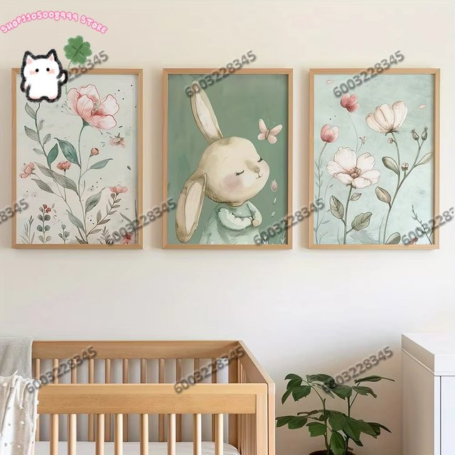 3er-Set Leinwanddrucke von Potdemiel mit Kaninchen, Blumen und Schmetterlingen in Mehrfarbig, rahmenlose Wandkunst für dein Zuhause - Bild 1