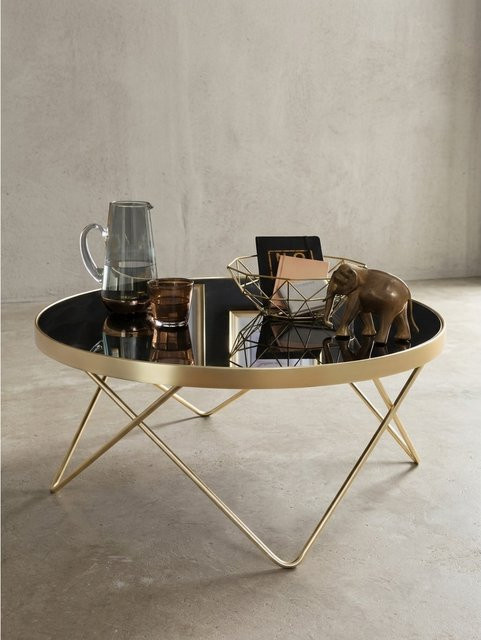 Moderner Couchtisch KADIMA DESIGN in Schwarz und Mattgold aus Glas und Metall, Durchmesser: 82 cm, Höhe: 39 cm - Bild 1
