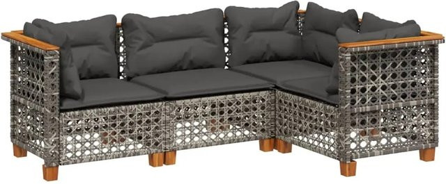 vidaXL 4-tlg Garten-Sofagarnitur in L-Form aus Polyrattan und Akazienholz in Grau mit Kissen und UV-beständigem Polyester - Bild 1