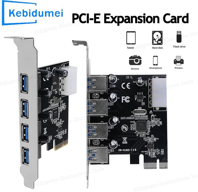 Kebidumei USB 3.0 PCI-E Erweiterungskarte mit 4 Ports, 5Gbps USB 3.0 Controller PCIe-Adapter, Schwarz - Bild 1
