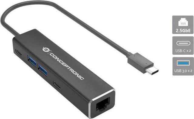 Conceptronic ABBY14B 2.5G Ethernet USB 3.2 Gen 1 Adapter mit USB-Hub in Grau aus Aluminium mit USB-A und USB-C Anschlüssen - Bild 1