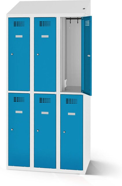 rotstahl Garderobenspind mit 6 Türen und Ladefunktion, Farbe Blau, Korpus Lichtgrau, B: 90 cm, H: 200 cm - Bild 1
