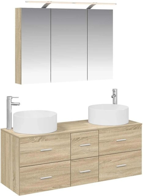 vidaXL 4-teiliges Badezimmermöbel-Set in Sonoma-Eiche mit Waschtischunterschrank, Spiegelschrank mit LED-Beleuchtung und Wandmöbeln, Braun - Bild 1