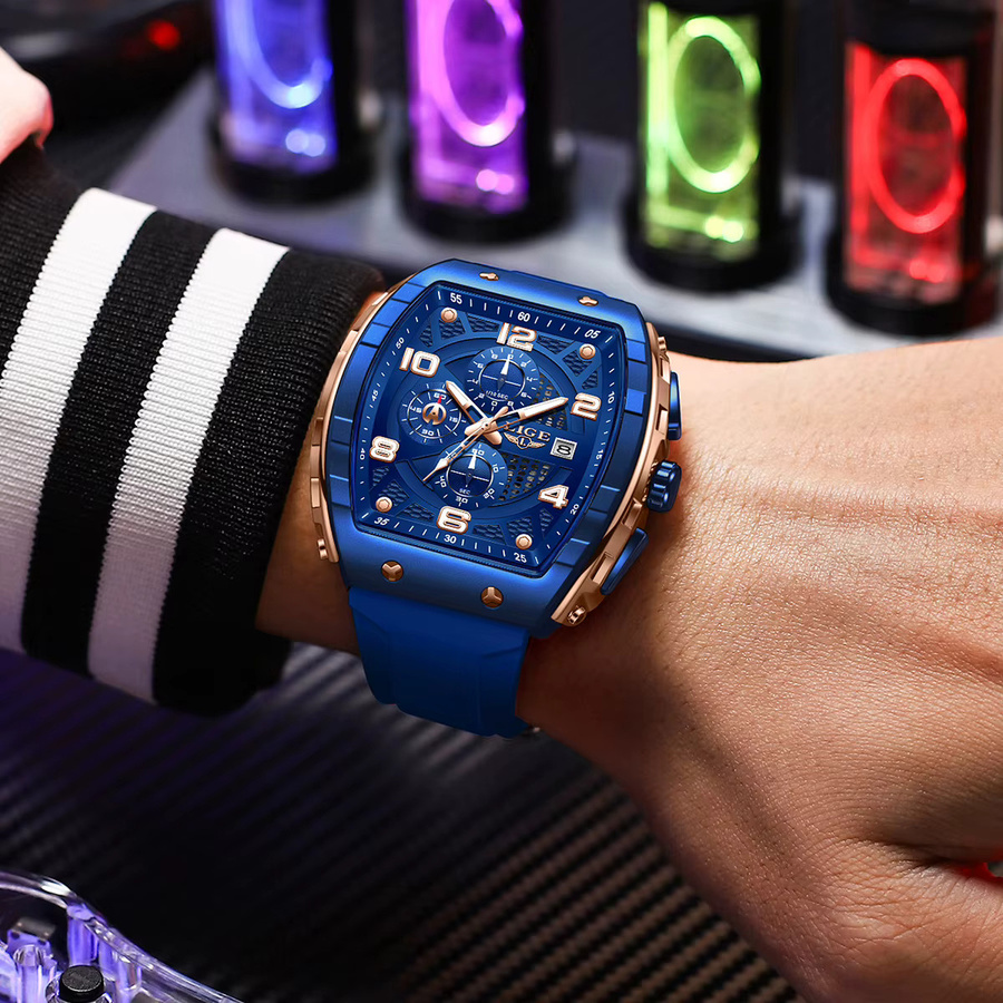 LIGE Armbanduhr Chronograph, Eckig, Edelstahl, Blau, Silikon, Herren - Bild 5