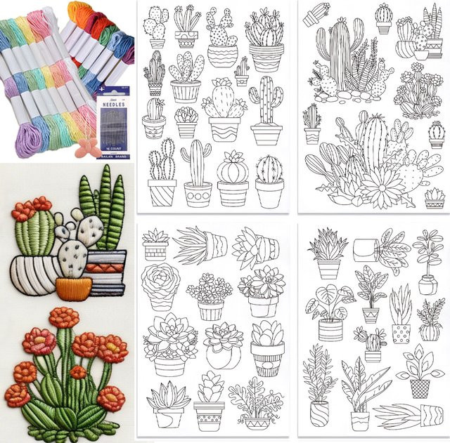 48-teiliges Kaktus-Stickerei-Set mit wasserlöslichem Stabilisator und selbstklebendem Stickmusterpapier - Bild 1