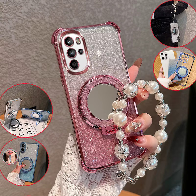 Motorola MOTO G22 Handyhülle mit Bling Glitter Lipstick Spiegel und Perlenkette in Pink, stoßfeste Anti-Drop Schutzhülle für Damen - Bild 2