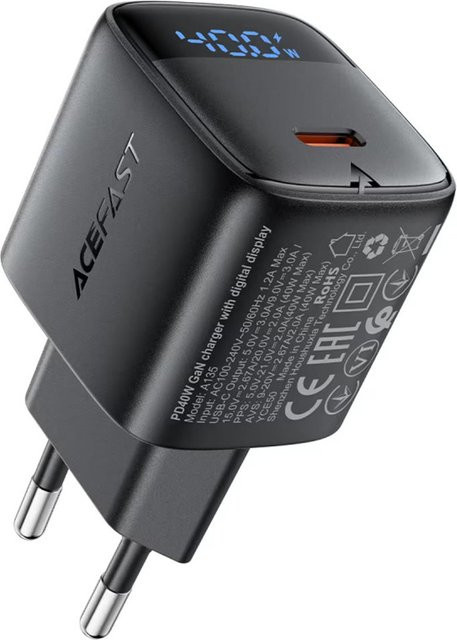 Acefast A135 Netzladegerät mit Display, 40W, 3A, 1 x USB-C, Schwarz - Bild 1