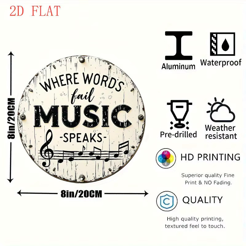 Rundes Aluminium-Wandschild von Potdemiel mit Musiknoten und Typografie Where Words Fail Music Speaks in Weiß, Durchmesser: 20,32 cm - Bild 2