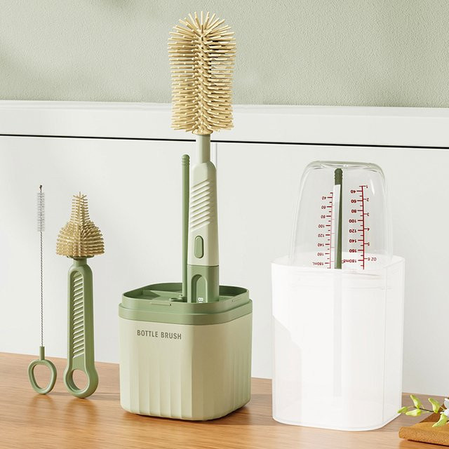 Silikon Baby Flaschenbürsten Set mit Aufbewahrungsbox in Grün zur Reinigung von Milchflaschen für Neugeborene - Bild 1