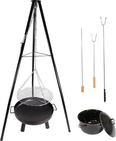 Lemodo Schwenkgrill mit Feuerschale in Schwarz inklusive Gulaschkessel, Grillgabeln und Stockbrot-Halter mit 52 cm Grillrost