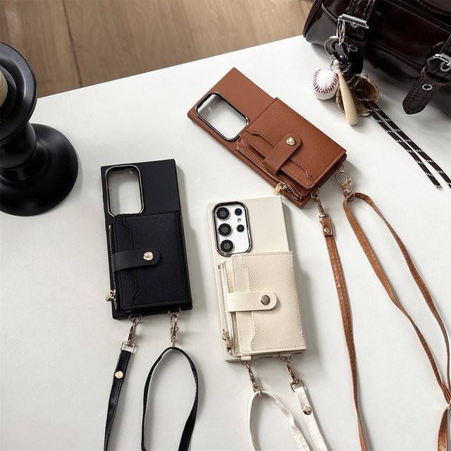 Lederne Crossbody Handyhülle mit Brieftasche für Samsung Galaxy S25 Ultra S24 S23 S22 S21 FE A56 A55 A36 A17 A16 A07 A06 in Braun - Bild 1