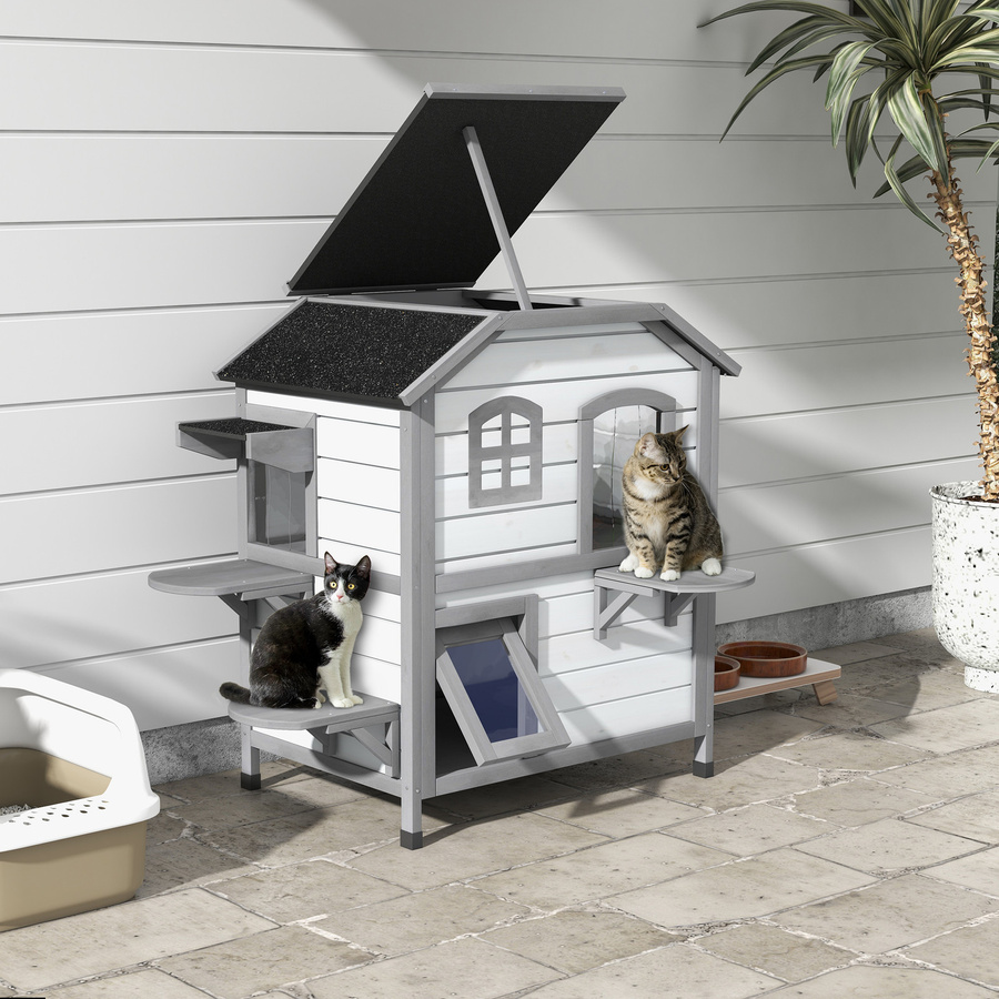 Aosom PawHut Katzenhaus aus Holz in Weiß, wetterfeste Outdoor Katzenhütte mit 2 Etagen und Treppe, B/T/H: 78 x 55,5 x 91 cm - Bild 2