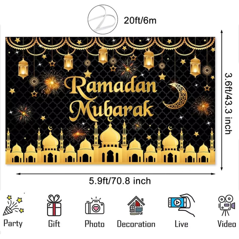 VIKAMA Eid Al Muslim Banner Ramadan Kareem Fotohintergrund mit goldenem Mond und orientalischem Design als Partydekoration - Bild 3