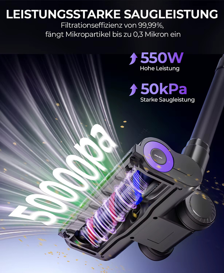 Redroad P9 Pro Kabelloser Staubsauger in Purple mit 550W Leistung, 55KPA Saugkraft für Tierhaare und 70 Minuten Laufzeit - Bild 4