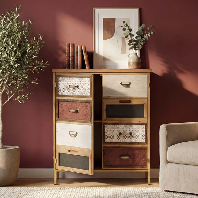 Apothekerkommode MCW O79 Highboard im Vintage Shabby-Look, rot/blau, H: 94 cm, B: 80 cm, T: 35 cm - Bild 1