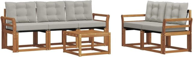 vidaXL 6-teilige Outdoor-Sofagarnitur aus massivem Akazienholz und Textilene in Natur und Grau mit Kissen - Bild 1