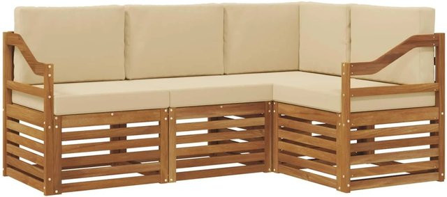vidaXL Sofagarnitur 4-teilig aus Massivholz Akazie in Natur und Beige mit L-Form und Polsterung - Bild 1