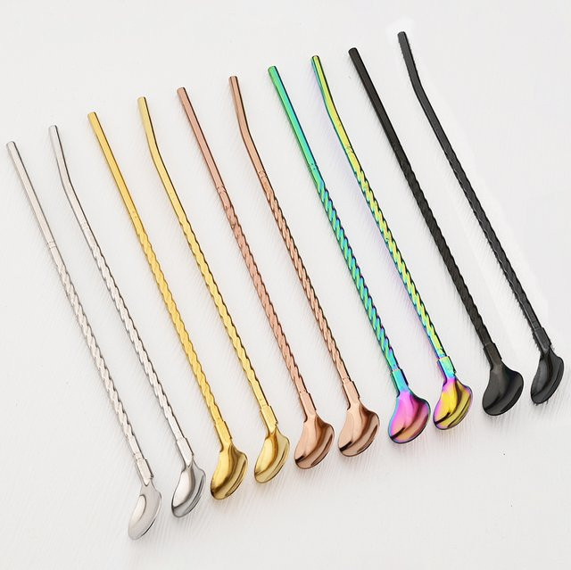 Zoseil 8er Set Edelstahl Trinkhalme mit Löffel als 2-in-1 Strohhalm Set in Silber und Multicolour für Milchshakes, Cocktails, Kaffee und Säfte - Bild 1