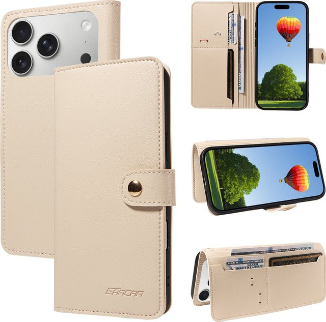 Beige TPU-Leder-Handyhülle im Brieftaschenstil für Apple iPhone Modelle als Anti-Drop Schutzhülle - Bild 1