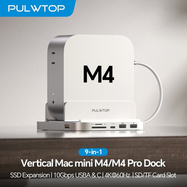 PULWTOP Mac Mini M4 Hub in Silber mit HDMI 4K, M.2 SSD Slot, USB A/C 10 Gbit/s, Audio und SD/TF für Mac Mini M4 Pro - Bild 1