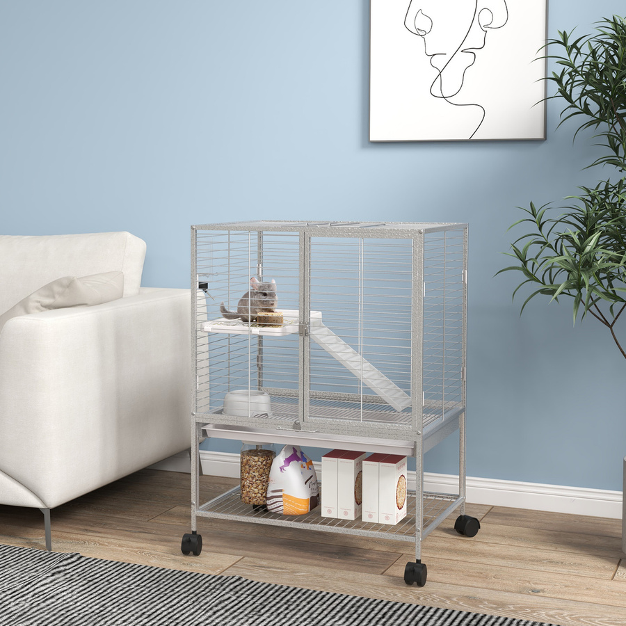 PawHut Kleintierkäfig auf Rollen mit 2 Ebenen, 2 Türen, Rampe, Ablage und Zubehör, grau, B/T/H: 61,5 x 44,5 x 86 cm, Aosom - Bild 2