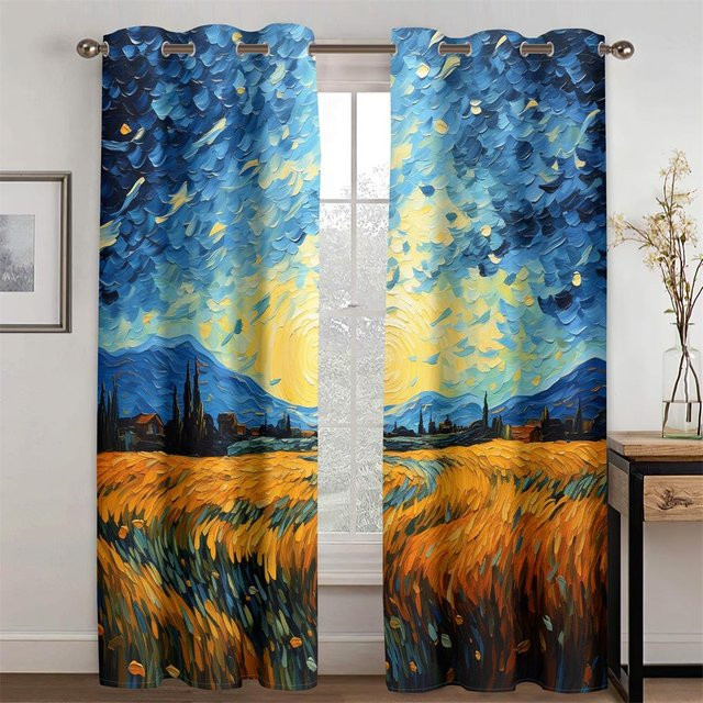 Van Goghs Traumland Pastorale Ölgemälde Vorhänge, 2er-Set, halbtransparent, mehrfarbig, Polyester, Breite: 70 cm, Höhe: 185 cm - Bild 1