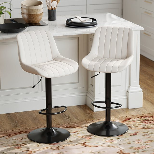 Ralex-chair Moderner Barhocker Beige aus PU-Leder mit vertikaler Linienrückenlehne, drehbar und höhenverstellbar - Bild 1