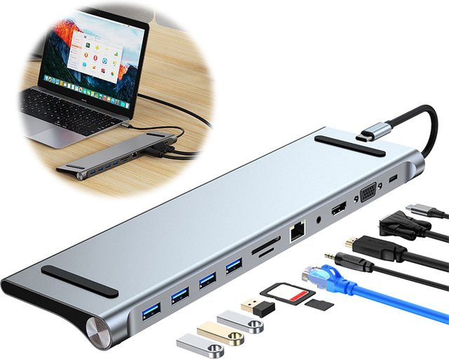 VODOOL 11-in-1 USB-C Dockingstation mit 100 W PD, SD/TF-Slot, Audio und Dreifach-Display Multiport-Adapter für MacBook, Surface, HP, Dell und Lenovo - Bild 1