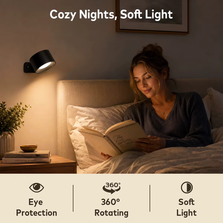 Kabellose magnetische LED-Wandleuchte in Schwarz mit Fernbedienung, dimmbar und wiederaufladbar, inklusive Timer-Funktion und 360 Grad Drehung für Schlafzimmer und Treppen - Bild 3