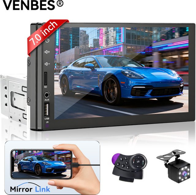 VENBES Autoradio mit 7 Zoll Touchscreen, 1 DIN In-Car Multimedia-Player mit Mirror Link, Bluetooth 5.0, USB und CVBS-Kamera in Schwarz - Bild 1